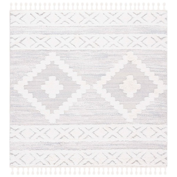 Moroccan Tassel Shag 3 ft. x 3 ft. Ivory/Beige Geometric Fringe Square Area Rug