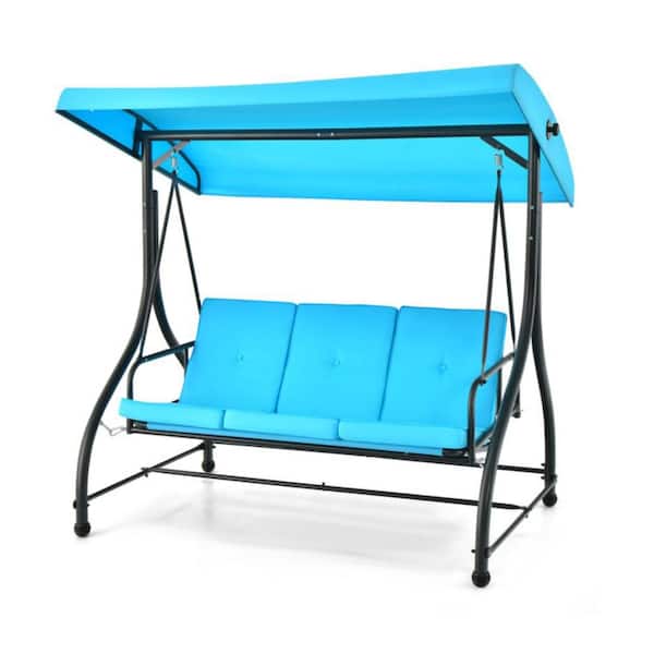 Kadehome 3-Person Black Metal Patio Swing Chair with Adjustable Canopy and Cushion in Blue