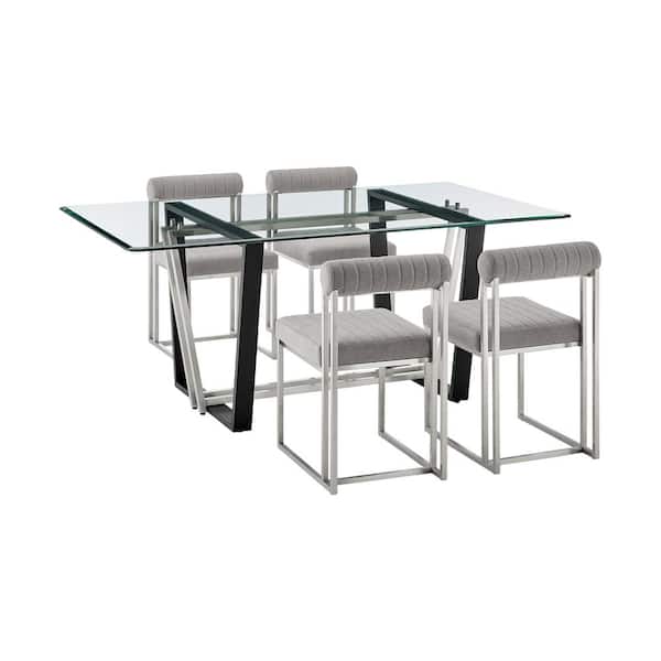 Armen Living Kai Anastasia 5-Piece Light Gray Fabric Stainless Steel and Glass Top Dining Set Seats 4