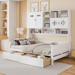 White Full Size Wood Daybed with 2 Drawers, All-in-One Cabinet, Storage Shelves