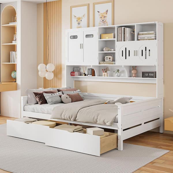 Harper & Bright Designs White Full Size Wood Daybed with 2 Drawers, All-in-One Cabinet, Storage Shelves