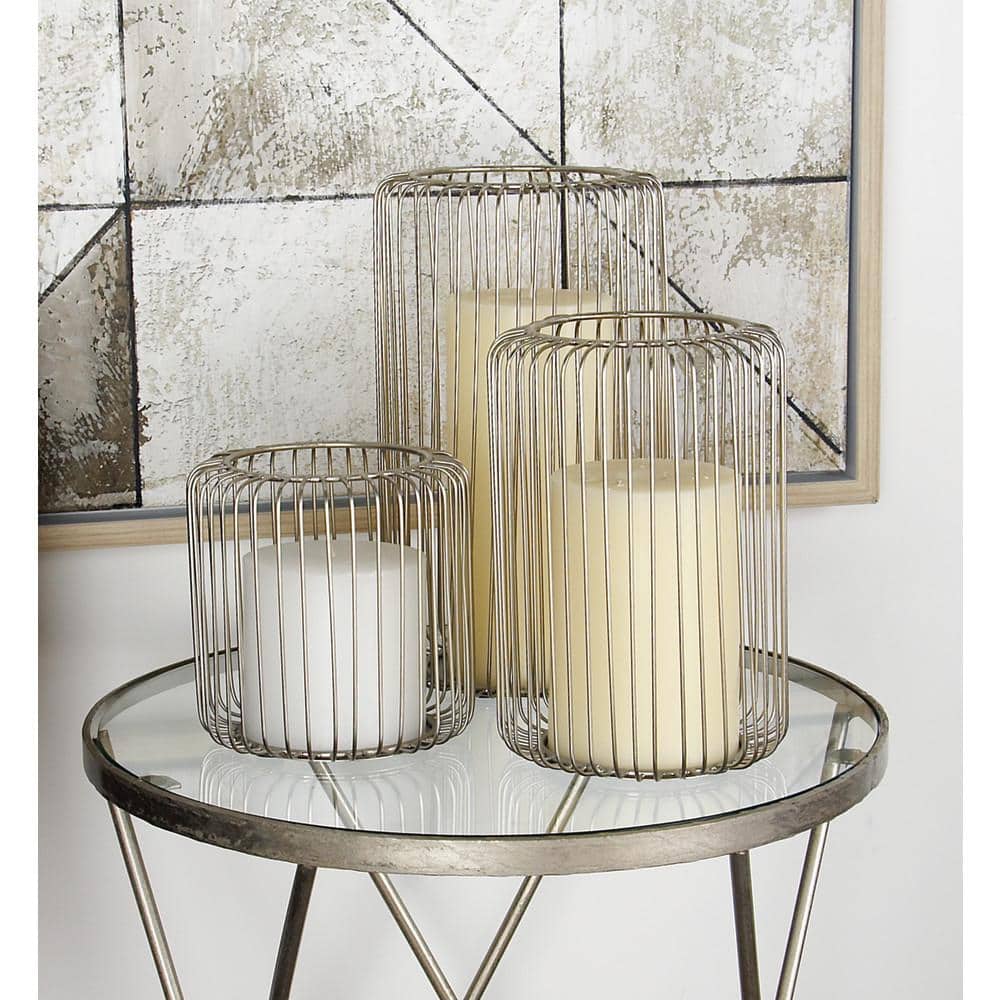 Silver Metal Cage Style Hanging Hurricane Candle Lantern Set