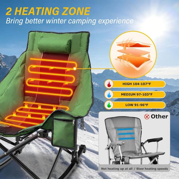 Heated Camping Rocking Chair, Dual-Zone 3-Level Heated Camping Chair with Cup Holder, Portable Folding Padded Chair