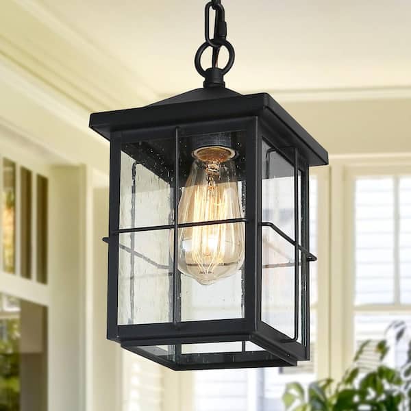 Mill Modern Farmhouse Black Outdoor Pendant Light 1-Light Coastal Hanging Lantern with Seeded Glass for Covered Patio