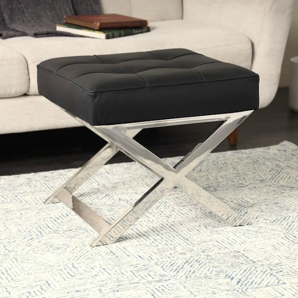 Litton Lane Caspian 22 in. Black Leather Dining Bench with Stainless Steel Legs