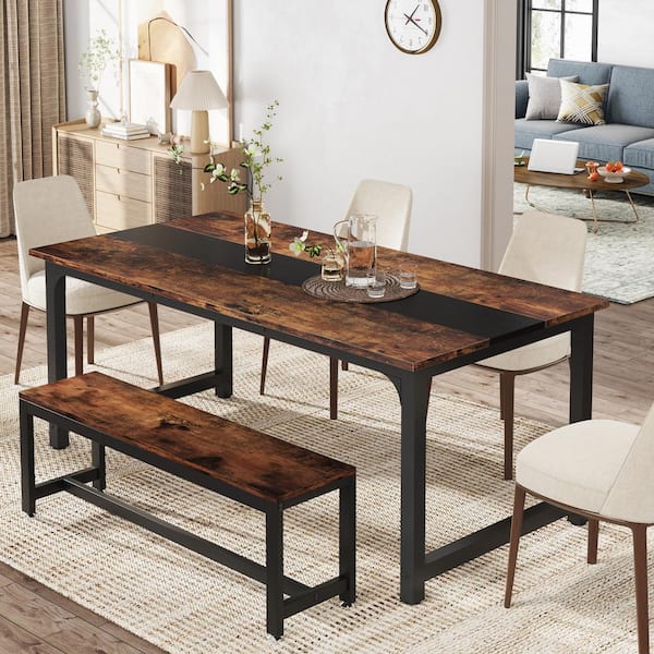 BYBLIGHT Roesler Modern Brown Engineered Wood 71 in. 4 Legs Dining Table Seats 8