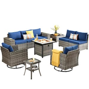 Tahoe Grey 10-Piece Wicker Swivel Rocking Outdoor Patio Conversation Sofa Set with a Fire Pit and Navy Blue Cushions