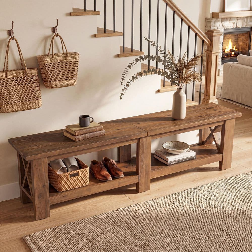 Rustic Brown 70.87 in. Solid Wood Entryway Bench without back, Extra Long Farmhouse Shoe Bench with Storage for Hallway