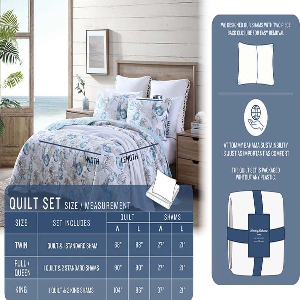 King Size Blue Cotton Reversible Quilt Set with Shams