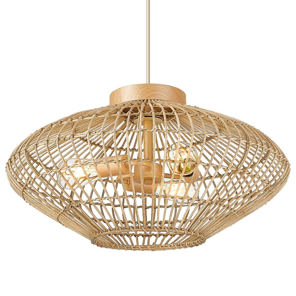 JAZAVA 60-Watt 3-Light Hand-Woven Brown Pendant Light with Rattan Shade ...