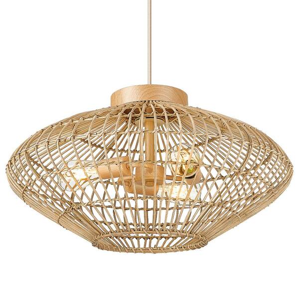 JAZAVA 60-Watt 3-Light Hand-Woven Brown Pendant Light with Rattan Shade, No Bulbs Included