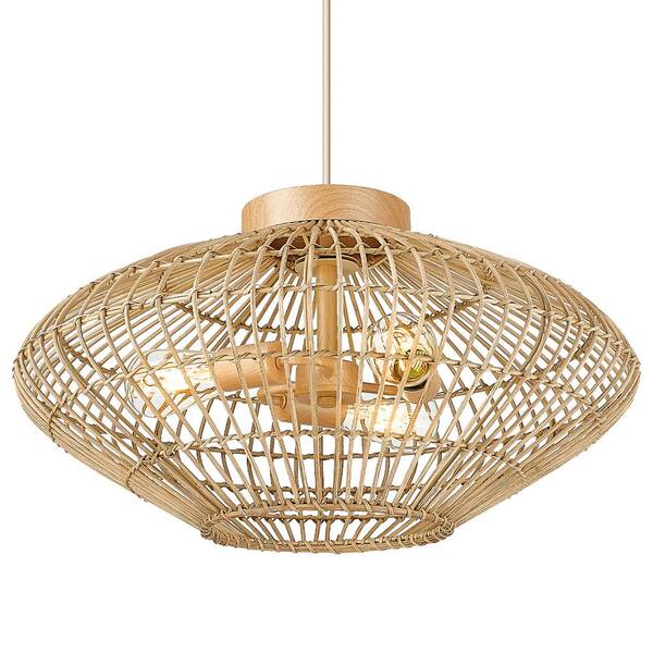 JAZAVA 60-Watt 3-Light Hand-Woven Brown Pendant Light with Rattan Shade, No Bulbs Included