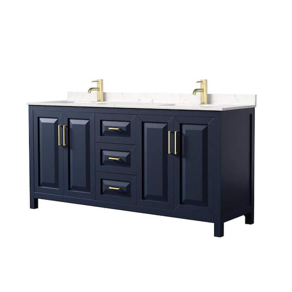 Wyndham Collection Daria 72in.Wx22 in.D Double Vanity in Dark Blue with Cultured Marble Vanity Top in Light-Vein Carrara with White Basins