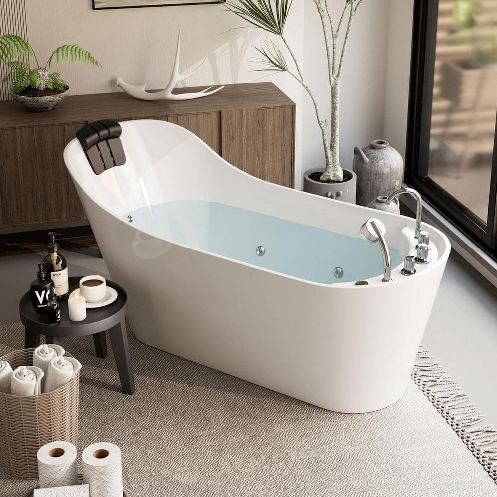 67'' White Freestanding Acrylic Whirlpool Bathtub with Faucet