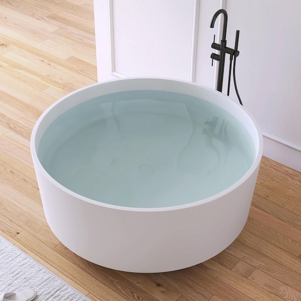 49.2 in. x 49.2 in. Round Stone Resin Solid Surface Flatbottom Freestanding Soaking Bathtub in Matte White