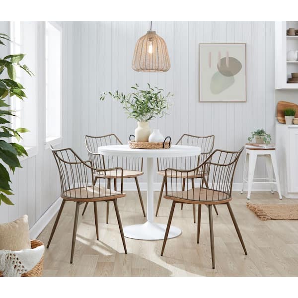 Dakota-Winston 5-Piece White Steel with White Wood Tabletop and Antique Copper Metal with Whitewashed Wood Dining Set