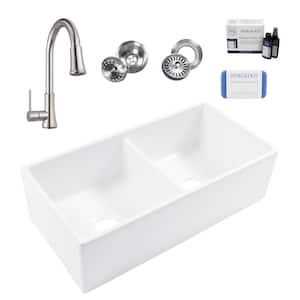 Bradstreet II 36 in. Farmhouse Apron Front Undermount Double Bowl White Fireclay Kitchen Sink with Pfirst Faucet Kit