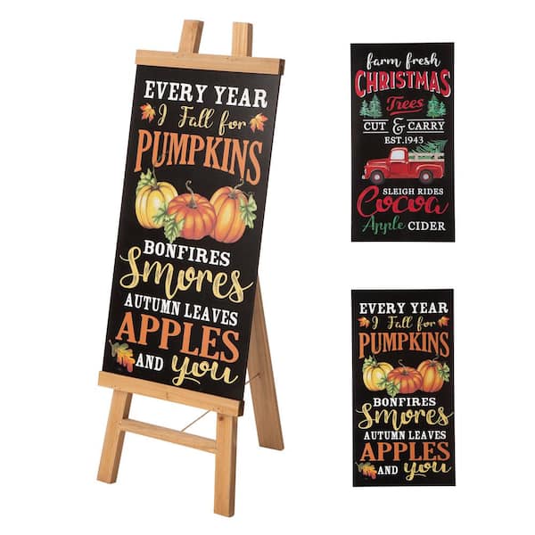 Glitzhome 36 in. Wooden Easel Porch Sign, with 2 Changeable Double Sided Sign Board (Fall & Christmas)