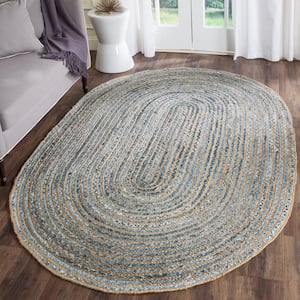 Cape Cod Natural/Blue Doormat 3 ft. x 5 ft. Oval Solid Area Rug