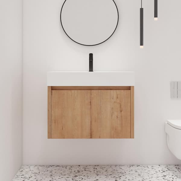 29.5 in. W x 18.1 in. D x 22.4 in. H Wall-Mounted Bath Vanity in Light Brown with White Resin Vanity Top