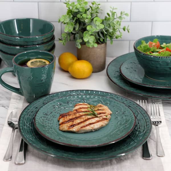 Elama Pacifica Emerald Coast 16-Piece Dinnerware Set in Dark Green