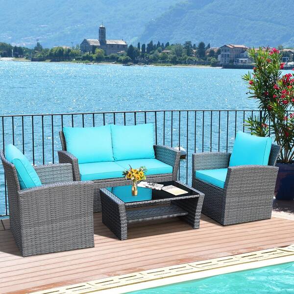 Gymax 4-Pieces Patio Rattan Conversation Set Outdoor