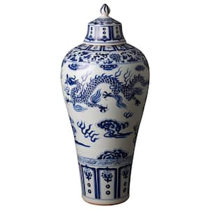 38 in. H Blue and White Ceramic Lidded Meiping Jar