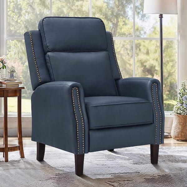 Valkyrie Navy Genuine Leather Recliner Chair Arm Chair with Nailhead Handrails and Adjustable Footrest