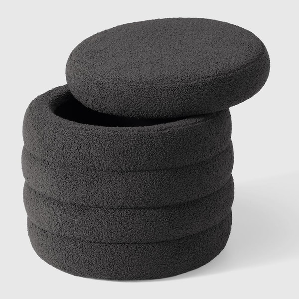 Bayville Modern 16" Tall Sherpa Fabric Tufted Round Storage Ottoman in Charcoal Gray