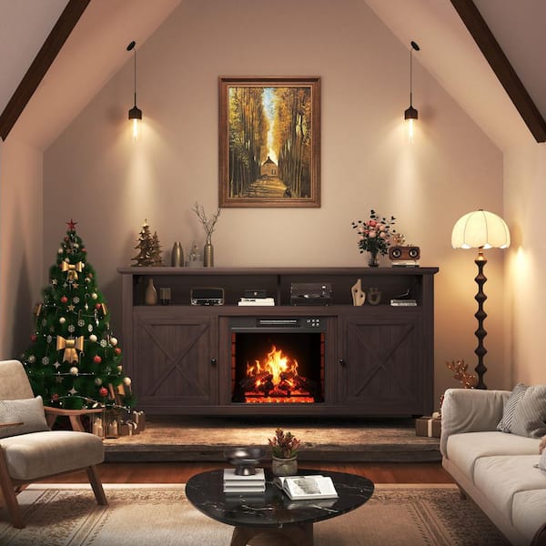 58 in. Freestanding MDF Electric Fireplace TV Stand with Shelves in Brown