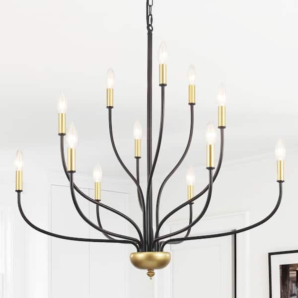 LWYTJO 12-Light Modern Black and Gold Candle Chandelier Light Fixture for Kitchen Island