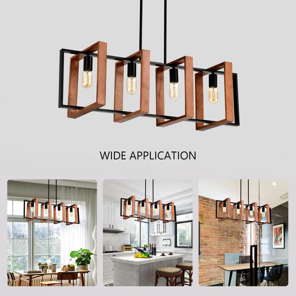 36" Matte Black and Rustic Wood Rectangular Island Chandelier