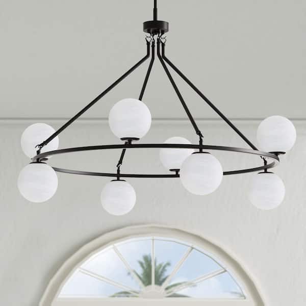 Kansas 8-Light Black Wagon Wheel Chandelier with White Glass Shade
