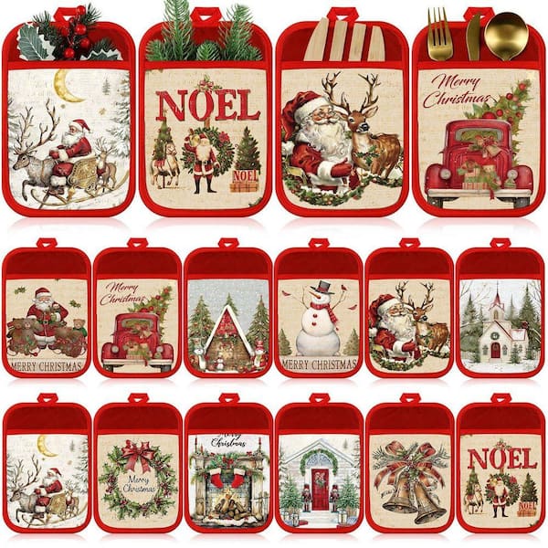 12-Piece Christmas Pot Holders with Pocket, Heat Resistant Winter Hot Pads, Oven Mitts for Baking Cooking, Retro Style