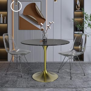 Verve Mid-Century Modern 36 in. Round Dining Table with Sintered Stone Top and Brushed Gold Pedestal Base (Black)