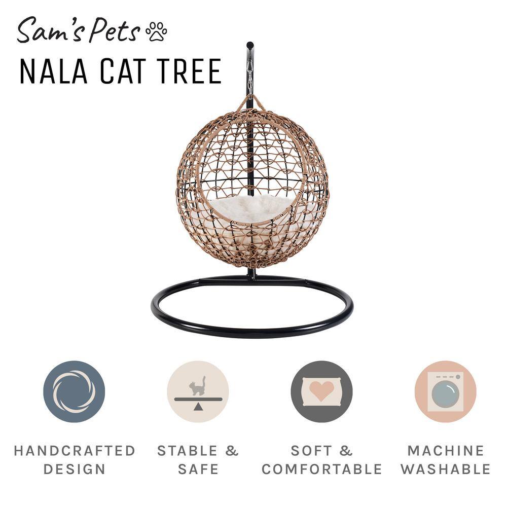 Medium Brown Rattan Hanging Egg Cat Condo with Cotton Cushion