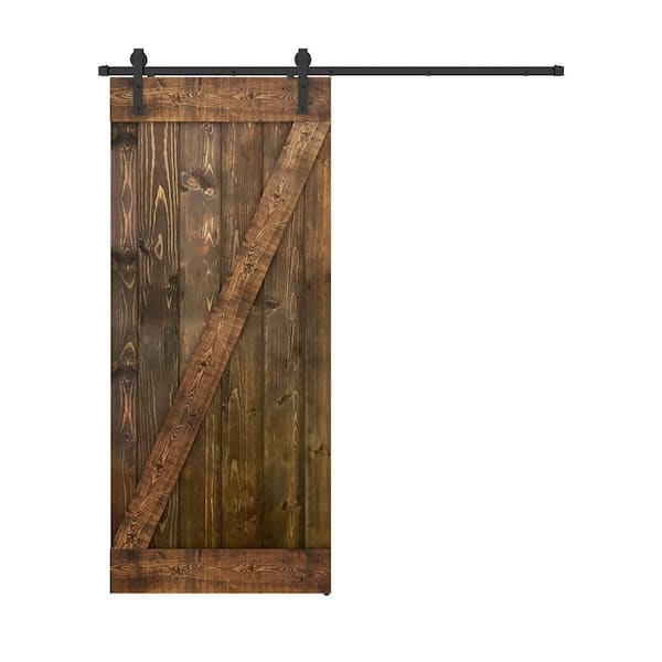 Dessliy Z Series 42 in. x 84 in. Dark Brown Finished Pine Wood Sliding Barn Door with Hardware Kit