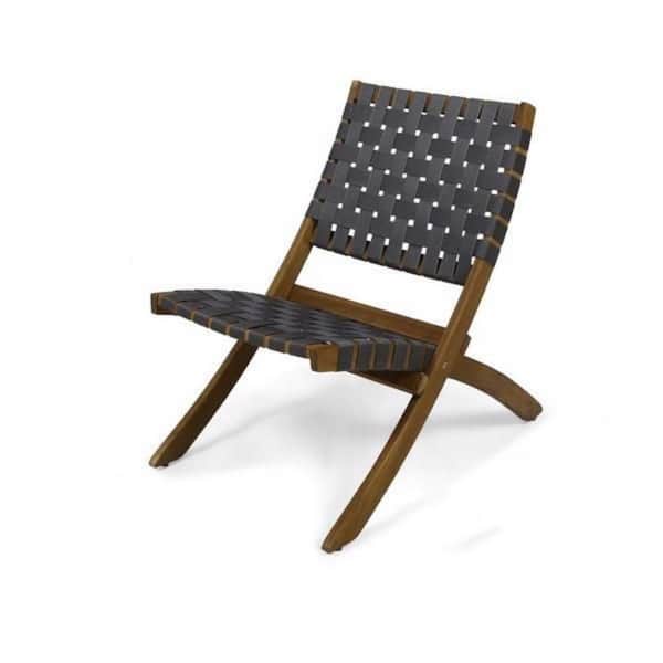 Outdoor Foldable 2-Seater Acacia Wood Chat Set with Strapping Belt Accents, Brown and Gray