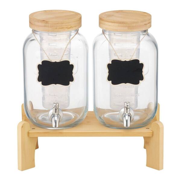 2 Pack 1 Gallon Glass Beverage Dispensers with Wood Stand Stainless Steel Spigot Infuser for Party Drinks