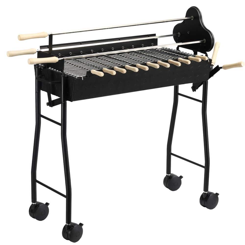 Siavonce Portable Charcoal BBQ Grills in Black, Outdoor Steel Rotisserie Cooking Height Adjustable w/4 Wheels Large/Small Skewers