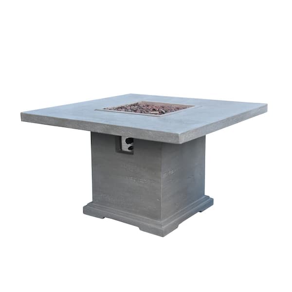 Elementi Birmingham 48 in. x 30 in. Square Concrete Propane Fire Pit Dining Table in Light Gray with Travertine