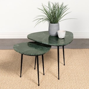 Tobias 2-Piece 21 in. Green and Black Marble Top Triangular Nesting End Table