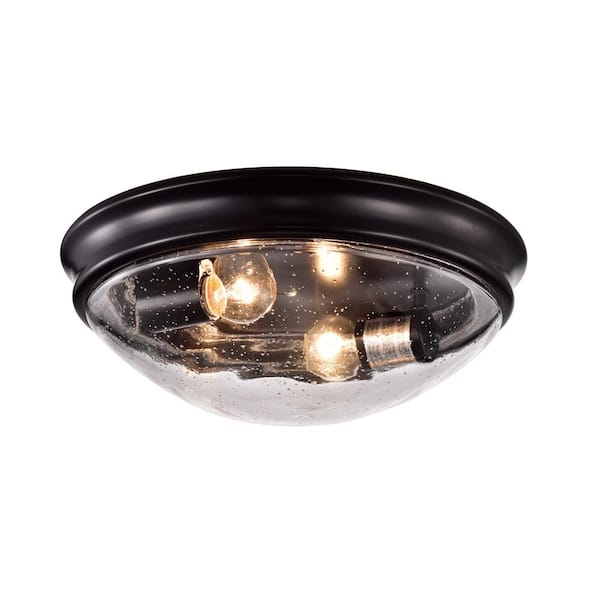 13 in. 2-Light Oil Rubbed Bronze Modern Flush Mount with Seeded Glass Shade