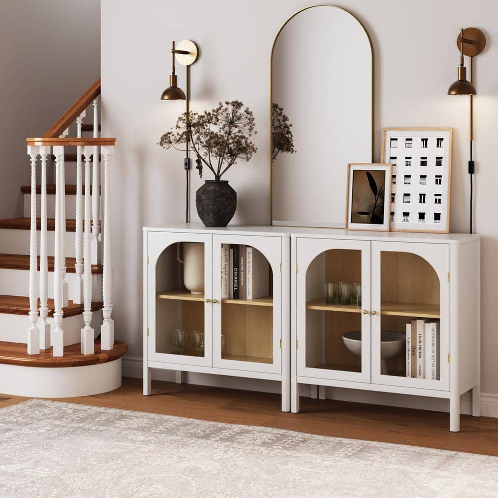 Mason Accent Sideboard Buffet with Glass Doors And Adjustable Shelves, Clear Glass/White/Light Oak, Set of 2