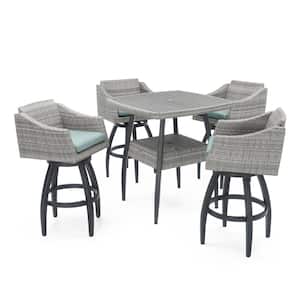 Cannes 5-Piece Wicker Outdoor Bar Height Dining Set with Sunbrella Spa Blue Cushions