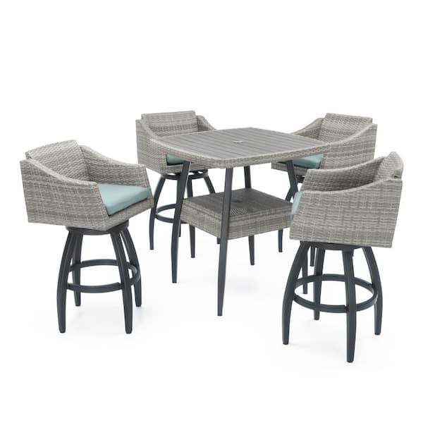 RST BRANDS Cannes 5-Piece Wicker Outdoor Bar Height Dining Set with Sunbrella Spa Blue Cushions