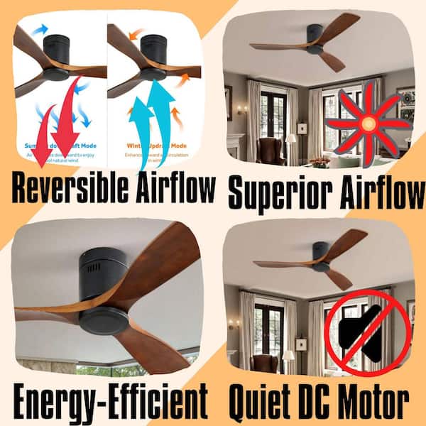 Artisan Series 52 in. Indoor Brown Low Profile 3-Blade Carved Wood Ceiling Fan with Remote Included Flush Mount