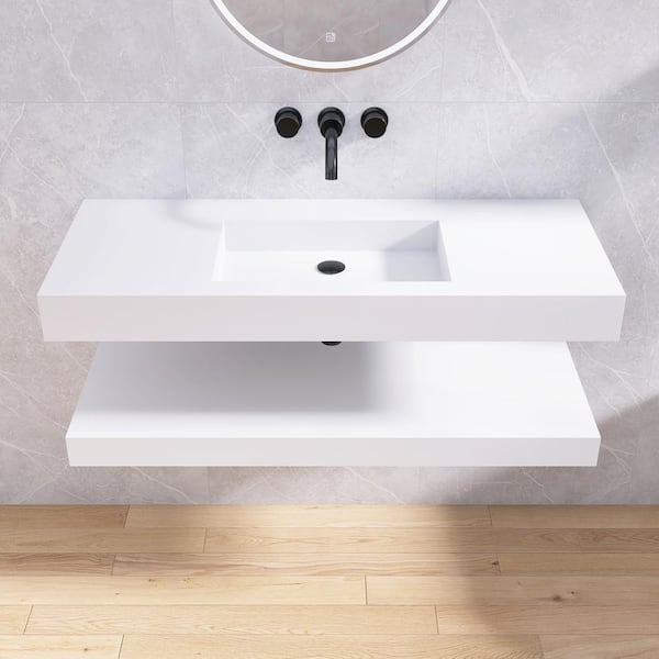 MEDUNJESS 47 in. White Solid Surface Wall-Mounted Bathroom Vessel Sink and Shelves