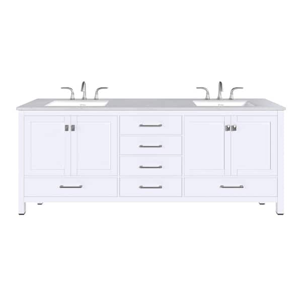 Aberdeen 84 in. Double Sink White Bath Vanity with White Carrara Quartz Top (Assembled)