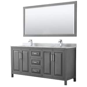 Daria 72 in. Double Bathroom Vanity in Dark Gray with Marble Vanity Top in Carrara White and 70 in. Mirror